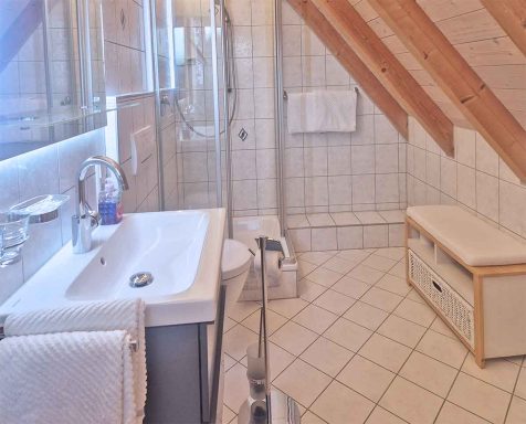 Badezimmer mit Dusche, Waschtisch und Holzdecke unter dem Dach.